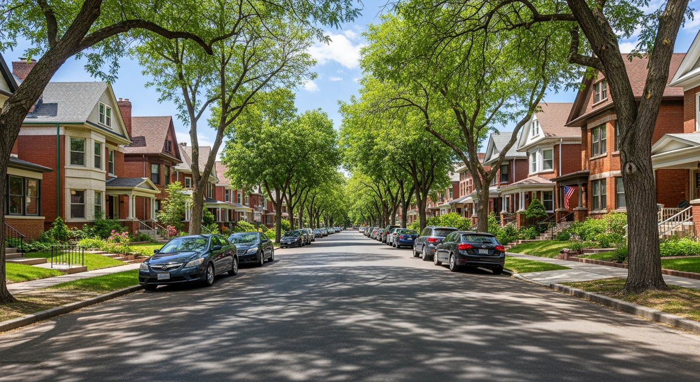 Denver residential neighborhood with the Rocky Mountains in the background
