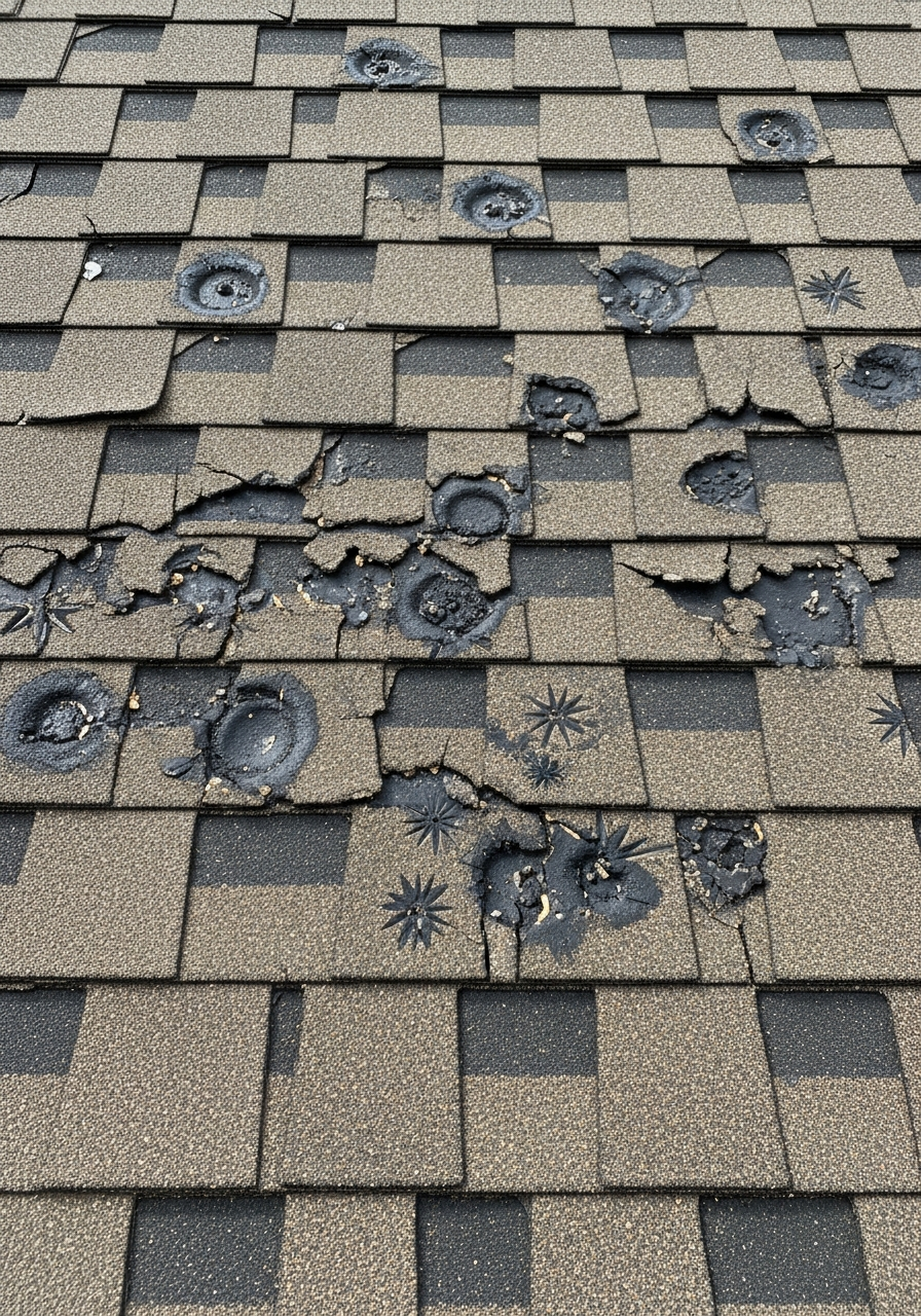 Hail damage on asphalt shingles in Colorado